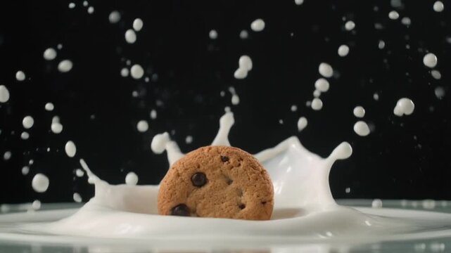 Dynamic action shot of a classic chocolate chip cookie making a crown splash as it falls into a pool of fresh white milk against a black background