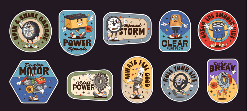 Cartoon spare parts groovy label stickers and hippie character patches. Vector auto spare parts retro patch stickers with cartoon groovy car wheel, vehicle engine, gear, motor oil filter and battery