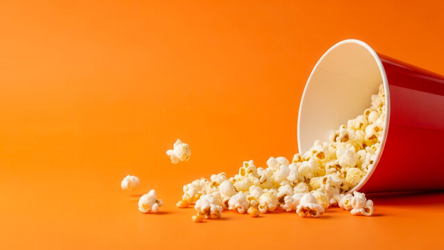 Red bucket tipped over spilling delicious popcorn kernels onto a vibrant orange background with copy space