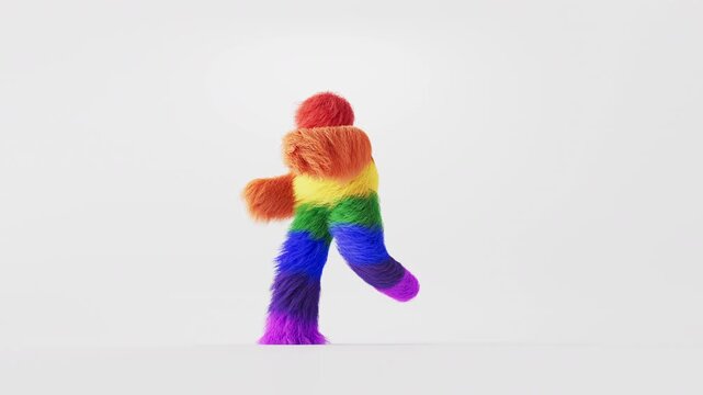 Furry rainbow-striped monster performing a happy dance, isolated on a white background. Funny dancing 3D toy character. Cycled looping animation