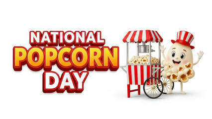 Celebrate national popcorn day with a cheerful popcorn character and vintage popcorn machine