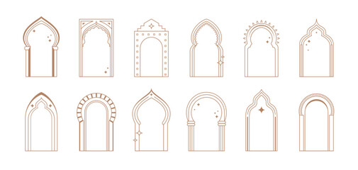Arabian boho frames, Islamic, Arabic and Moroccan gate doors and window shapes. Ramadan Muslim vector set of linear mosque interior elements. Arab arcs portals with stars and crescents for Eid Mubarak