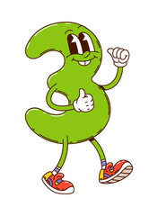 Cartoon groovy math number three character. Vector quirky school education personage with expressive eyes and thumbs up. Isolated green digit 3 perfect for children mathematics educational fun games