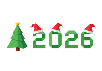 Origami Christmas Tree with Origami 2026 and Origami Santa Hats Flat Vector
