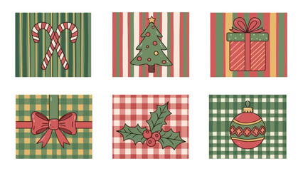 A delightful collection of hand-drawn Christmas festive icons, showcasing traditional holiday decorations like candy canes, a gift box, and holly, perfect for joyful seasonal designs