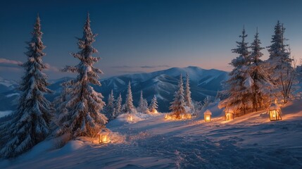 Snow-covered trees and mountains at dusk, with glowing lanterns illuminating the scene, creating a serene and magical atmosphere.