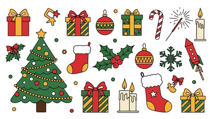 Festive Christmas Icons Collection Tree, Gifts, and Holiday Decorations