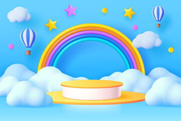 Obraz na płótnie Canvas 3d kids podium with sky clouds and rainbow, floating hot air balloons and twinkle stars. Cartoon vector background in cute childish toy style with round stage or pedestal under blue cloudy sky
