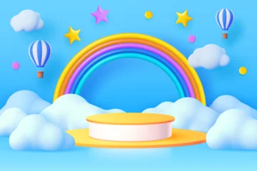 Fototapeten Pony 3d kids podium with sky clouds and rainbow, floating hot air balloons and twinkle stars. Cartoon vector background in cute childish toy style with round stage or pedestal under blue cloudy sky  © Buch&Bee