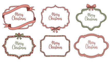 A festive collection of hand-drawn vintage Christmas labels and ornate frames, featuring decorative ribbons and holiday greetings