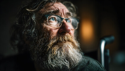 Disabled senior man in wheelchair feels loneliness at nursing home. Thoughtful elderly person with beard, glasses looks away, thinking. Old grandfather sits alone in room, contemplates life,