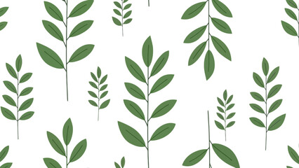Charming natural seamless pattern adorned with various green leaves and delicate branches, offering a fresh, organic backdrop for creative projects and digital art