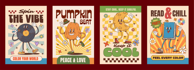 Retro groovy hippie characters posters with vintage funky vinyl record, pumpkin, slice of cheese and book dancing with positive messages. Nostalgic 70s vibe promoting peace, music, reading, positivity