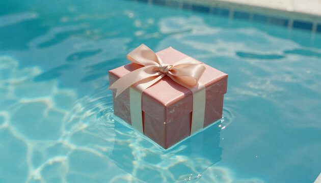 Gift box floating in swimming pool water on sunny day  