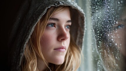 A young woman wearing a hooded sweatshirt, looking out a window with raindrops on the glass, with a serene expression.