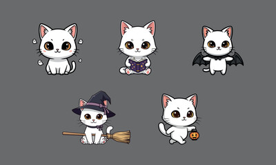 Obraz premium Halloween Cat Characters – Witch, Bat Wings, and Pumpkin Toy Cats