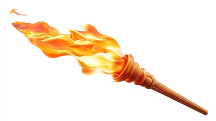 A wooden torch with flames on a white background, with a wooden handle and a wooden top.