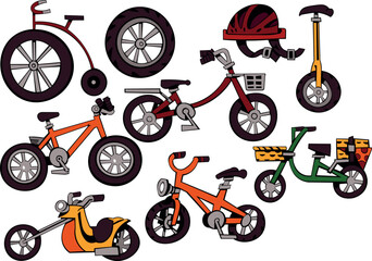 Cartoon Bicycle Collection &ndash; Kids Bicycles and Cycling Accessories Illustration