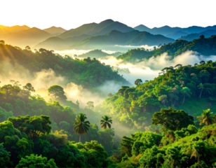 - Tropical rainforest hills with dawn mist, layered landscape cutout PNG