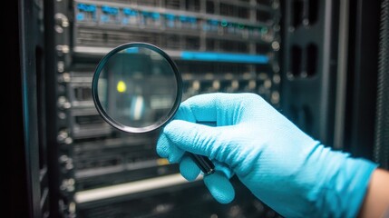 A gloved hand using a magnifying glass to inspect a server