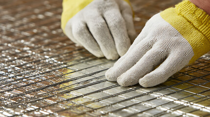 Hands wearing white and yellow gloves adjusting metallic insulation material image