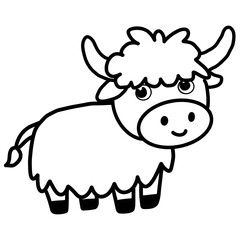 Cute Cartoon Yak Illustration in Black and White Line Art Style