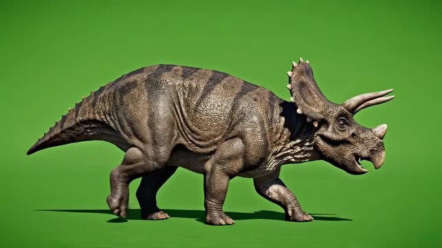 Triceratops walking on a green screen background in a studio setting with natural lighting
