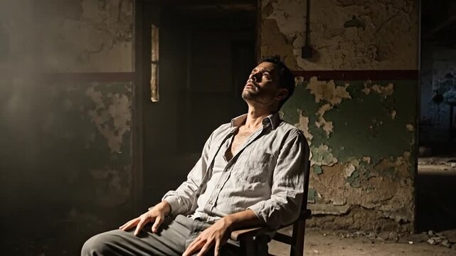 Distressed man, hostage tied to chair, dark room, fear and captivity