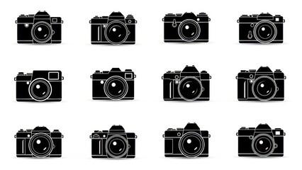 Collection of Vintage Camera Silhouettes on White Background.