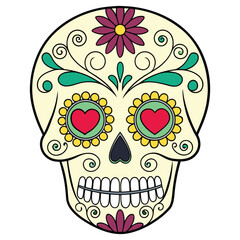 Obraz premium White Sugar Skull with Yellow Sunflower and Green Leaves Clipart