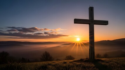 Sunrise Solitude: A simple wooden cross stands as a solitary beacon atop a hill, silhouetted against a radiant sunrise, creating a serene and spiritual vista.