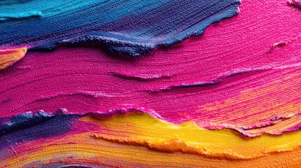 A vibrant, abstract painting with a mix of bright colors and brushstrokes, featuring a spectrum of hues including pink, blue, yellow, and purple.