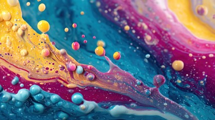 A colorful abstract painting with splashes of yellow, blue, pink, and purple paint, creating a dynamic and vibrant scene.