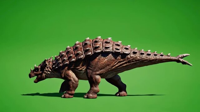 Ankylosaurus dinosaur with armor plating stands on a green screen background in a studio setting