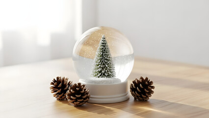 Festive holiday still life snow globe with miniature tree and pine cones on wooden surface