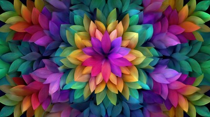 A vibrant, colorful abstract floral pattern with a rainbow gradient of colors, featuring a central flower with multiple layers of petals in shades of blue, green, yellow, and red, 