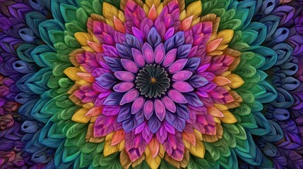 A vibrant, colorful, abstract floral pattern with a rainbow gradient of colors, including pink, purple, blue, green, yellow, and orange, set against a black background. 