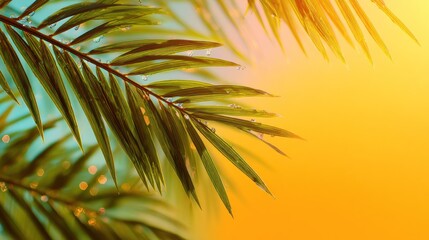 A vibrant tropical palm frond with water droplets against a warm, orange sky, with a soft focus background.