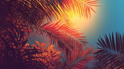 Sunlight filtering through palm leaves against a blue sky, creating a warm, golden hue. 