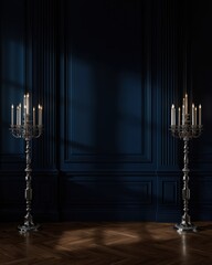 Ornate silver candelabras casting dramatic shadows on a dark blue paneled wall and wooden floor