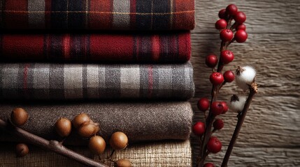 A stack of plaid fabric with red berries and twigs on a wooden surface.