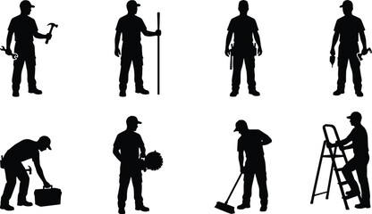 Handyman and Construction Worker Silhouettes with Tools, Repairman, Builder, Laborer, Tradesman, Service, Home Improvement, Vector
