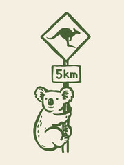 Koala on kangaroo road sign cartoon sketch vector illustration