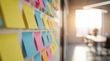 Colorful Sticky Notes on a Wall in a Bright Office Setting.
