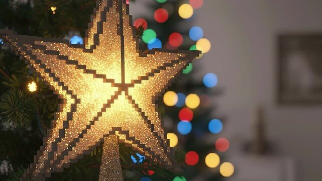 A glitter star pixel style warm light bokeh lights christmas tree holiday decoration festive mood golden sparkle cozy ambiance winter celebration soft focus night scene colorful lights joy nostalgia