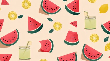 Watermelon slices and lemon slices arranged in a pattern on a beige background with a light yellow border.