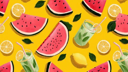 Watermelon slices and lemon slices arranged on a yellow background with lemon slices and watermelon slices scattered around.