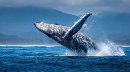 A humpback whale breaches the surface of the ocean, its flippers raised in the air, with a mountainous coastline in the background.