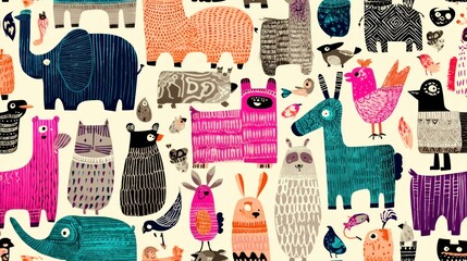 A colorful, whimsical illustration of various animals and birds in a playful, cartoonish style.