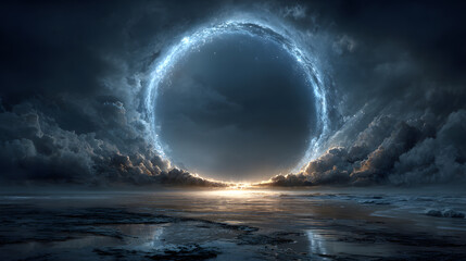 A dramatic glowing portal of swirling energy opens in an ethereal blue sky above a dark reflective landscape